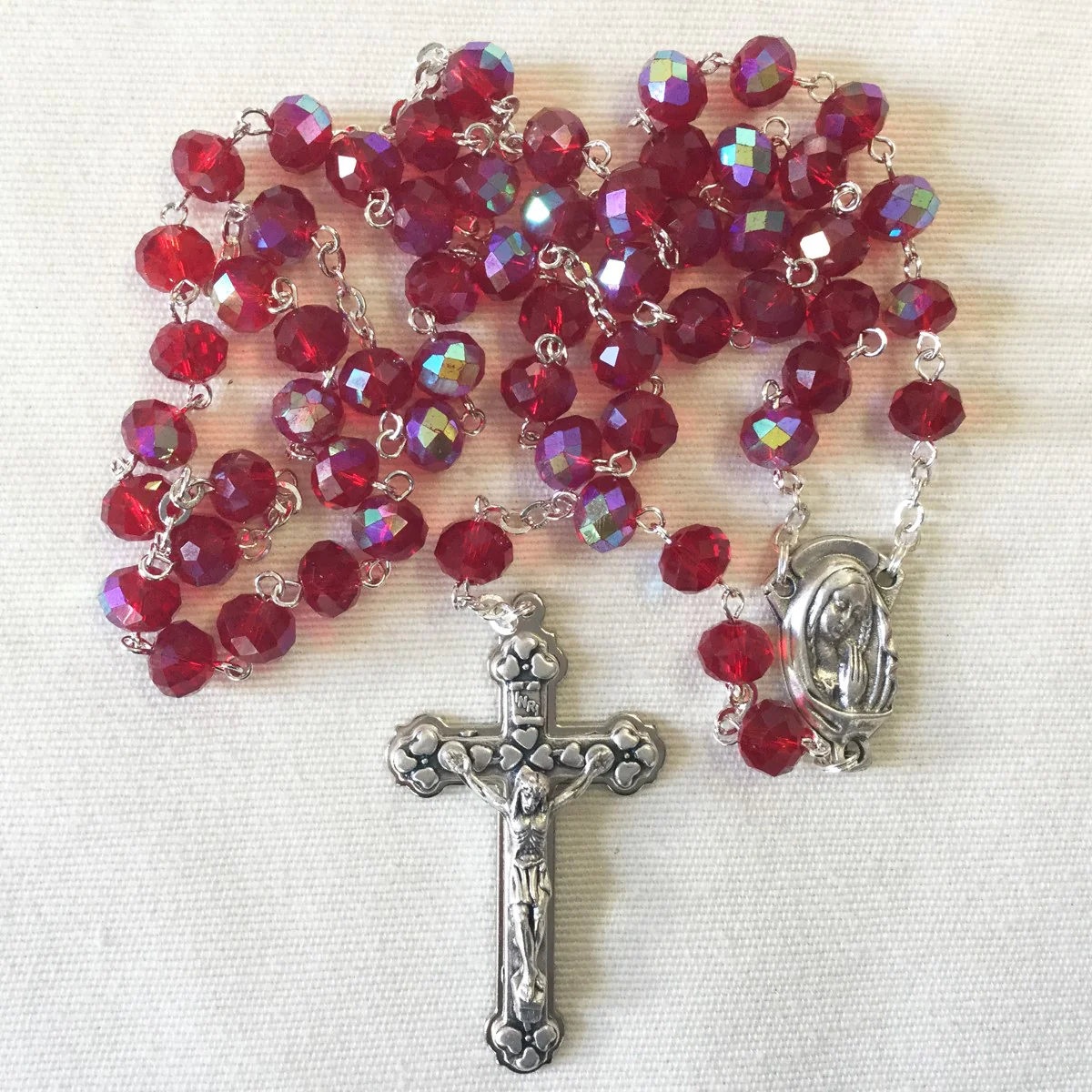 Red Glass Rosary With Tin Cut Beads, Bead Size 5mm x 8mm - Image 3